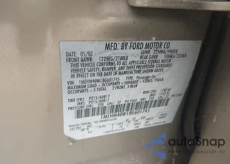 2008 Mercury Sable from USA, damaged, VIN 1MEHM40W18G601745